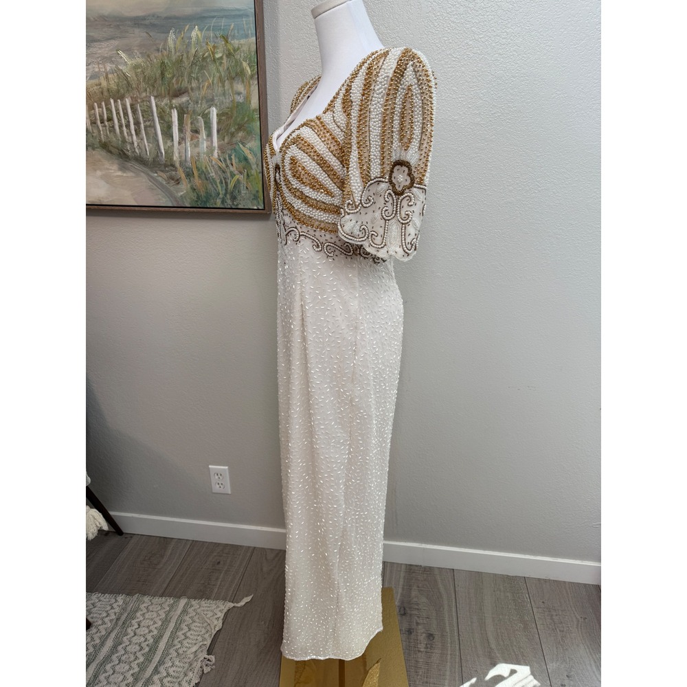 Vintage Jagswear 100% Pure Silk Beaded Pearl Evening Gown Open Back Dress Size L - Picture 3 of 11